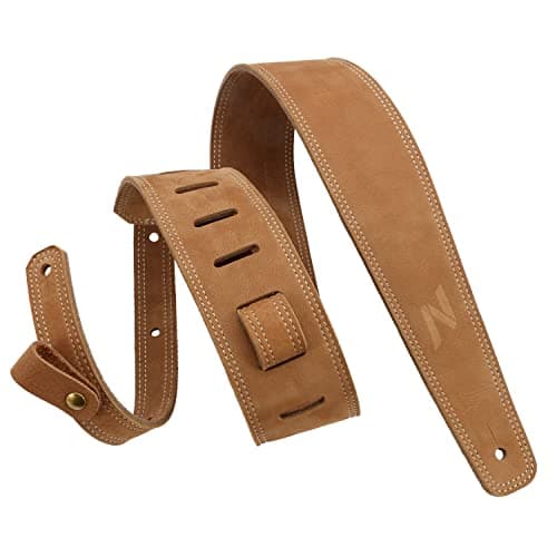 Nefelibata Vintage Green Guitar Strap, 2.5" Wide Tumbled Leather with Padding and Cable Loop — Khaki
