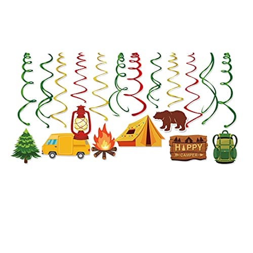 30CT Camping Swirl Party Decorations, Happy Camper Foil Swirls for birthdays & baby showers