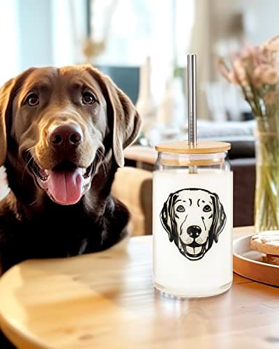 Labrador Portrait 16 OZ Dog Iced Coffee Glass with Lid and Metal Straw – Perfect Gift for Pet Lovers
