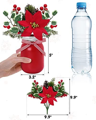 Christmas Mason Jar Centerpiece Set with Faux Poinsettia and Holiday Decor