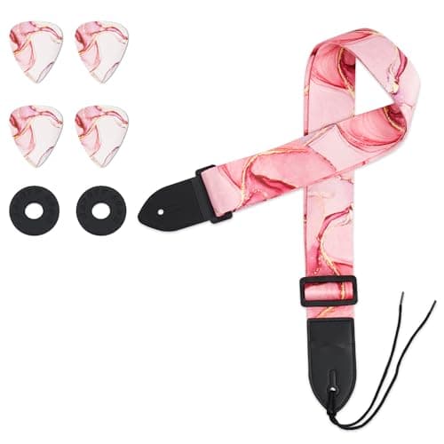Lizimandu Adjustable Guitar Strap with 2 Locks & 4 Picks - Leather Ends - Suitable for Acoustic & Electric Guitars — 1-pink Splashink