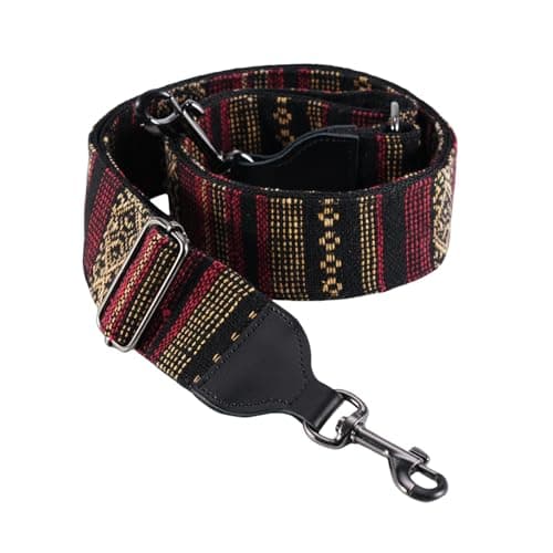 Banjo Strap Guitar Strap with Leather Ends and Metal Clips (Flowers) — Tribal Red