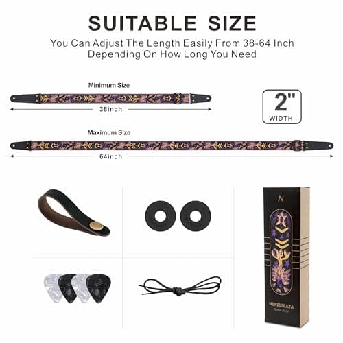 Embroidered Leather Guitar Strap with Hidden Pocket for Electric, Acoustic, and Bass Guitars