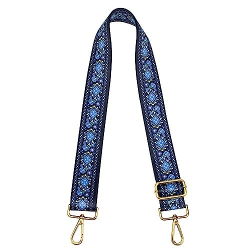 ZANQANO Adjustable Crossbody Strap for Purse and Guitar Multicolor Handbag Straps — Vintage Flower Blue Gold Hardware