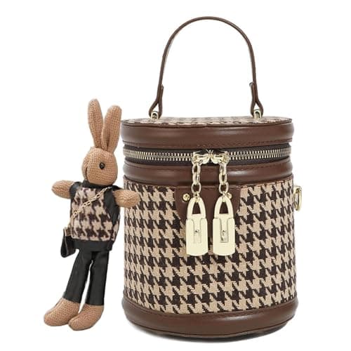 RTGGSEL Quilted Lattice Shoulder Bag for Women with Bunny Pendant — Bucket Houndstooth Brown