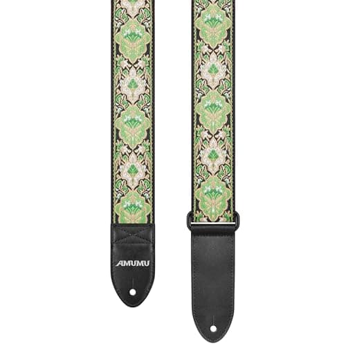 Amumu Red Flower Embroidery Guitar Strap for Acoustic, Electric & Bass - 2" Wide — Green