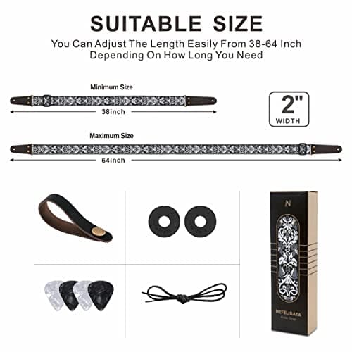 Embroidered Guitar Strap with Leather Ends & Pocket, for Bass & Electric Guitars