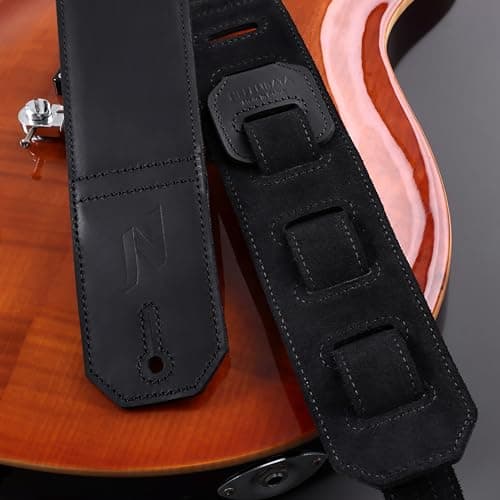 Guitar Strap for Bass, Electric and Acoustic Guitars - Wide Leather Strap (Black)