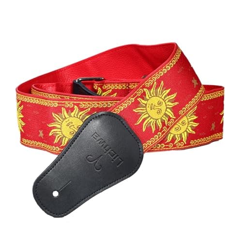 Personalized Dark Black Guitar Strap with Initial and Name Engraving — Sun Red