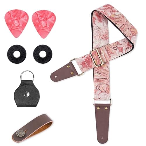 Lizimandu Adjustable Guitar Strap with 2 Locks & 4 Picks - Leather Ends - Suitable for Acoustic & Electric Guitars — 1-Jacquard Pink