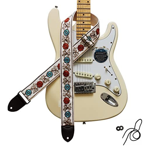 MUSIC FIRST Vintage Style Hand-Made Crochet Flowers Electric Guitar & Bass Strap, 2 Inch Width — Floral Organza