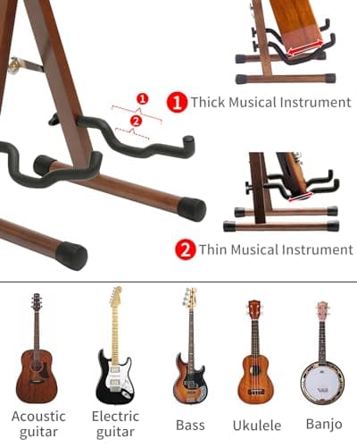 Wood Guitar Stand with Padded Foam – Adjustable for Electric, Bass, Mandolin, Banjo, Ukulele – A-Frame Folding Holder with Guitar Tuner Clip On