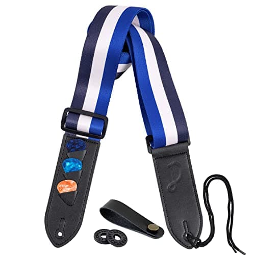 Ultra Comfortable Guitar Strap with 2 Locks & 1 Button for Bass, Electric & Acoustic Guitars — Blue White