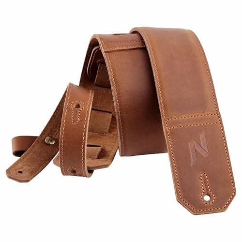 Nefelibata Full-Grain Leather Guitar Strap, 2.3" Wide, Soft Padded (Brown) — Bright Brown