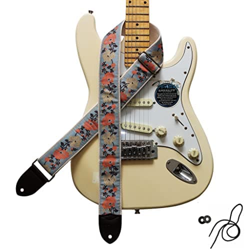 MUSIC FIRST Vintage Style Hand-Made Crochet Flowers Electric Guitar & Bass Strap, 2 Inch Width — Grey Rose