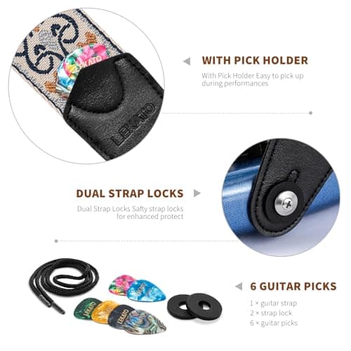 LEKATO Electric Bass Acoustic Guitar Floral Jacquard Embroidery 2" Wide Padded Guitar Straps with Picks & Blocks (Blue Flower White)
LEKATO Electric Bass Acoustic Guitar Floral Jacquard Embroidery 2" Wide Guitar Strap for Comfort and Style (Blue Flow
