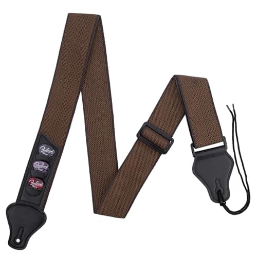 BestSounds Guitar Strap with Leather Head & Pick Holder Pockets — Coffee