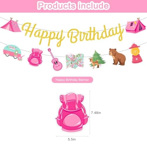 Pink Camping Birthday Banner for Girls - Happy Camper Adventure Supplies