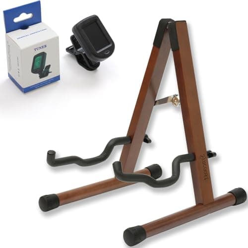 Wood Guitar Stand with Padded Foam – Adjustable for Electric, Bass, Mandolin, Banjo, Ukulele – A-Frame Folding Holder with Guitar Tuner Clip On