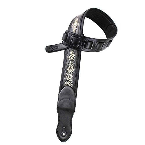 Walker and Williams KB-02-BLK Distressed Black Floral Skull Leather Guitar Strap