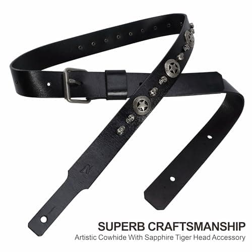 Premium Vegetable Tanned Cowhide Guitar Strap, Handmade for Electric Guitar and Bass (1.5 Inch Wide, Skull Pentagram)