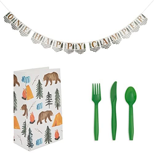 BLUE PANDA Camping-Themed Birthday Decor & Dinnerware for Kids (Serves 24)