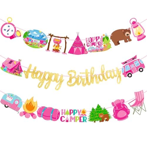 Camping Birthday Party Banners - Set of 3 Happy Camper Theme Decorations