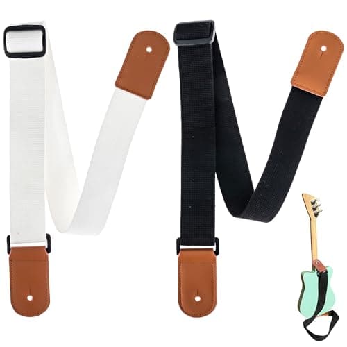 2 Pack Kids Guitar Strap - White + Black with Leather Ends - Perfect for Mini Guitars & Ukuleles - Extends to 39"