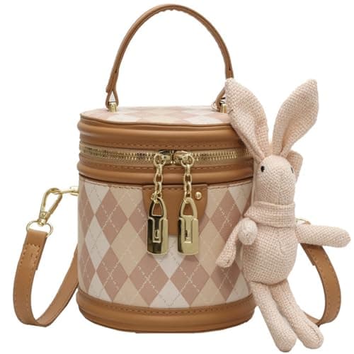 RTGGSEL Quilted Lattice Shoulder Bag for Women with Bunny Pendant — Bucket Diamond Khaki