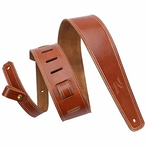Nefelibata Vintage Green Guitar Strap, 2.5" Wide Tumbled Leather with Padding and Cable Loop — Reddish Brown