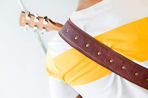 Vintage Brown Leather Guitar Strap with Antique Brass Studs