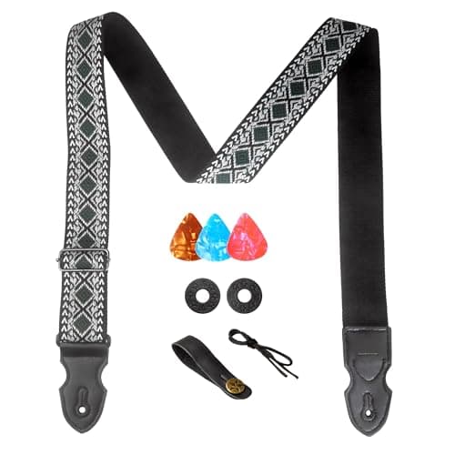 AZOR Vintage Woven Guitar Strap for Acoustic Electric Bass, Adjustable with Leather Ends & Strap Locks — Green Square