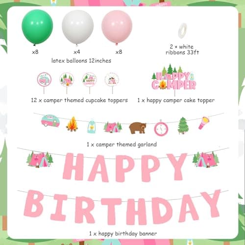 Kreatwow Pink Camper Themed Happy Birthday Banner Garland for Girls Camp Adventure Party