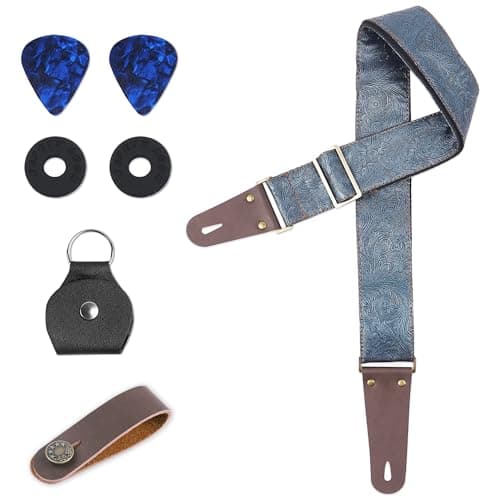 Lizimandu Adjustable Guitar Strap with 2 Locks & 4 Picks - Leather Ends - Suitable for Acoustic & Electric Guitars — 1-carving Blue