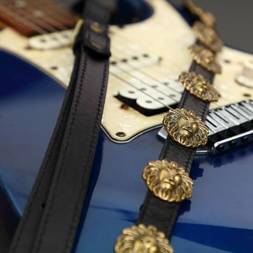 Natural Vegetable Tanned Cowhide Guitar Strap (1 Inch Wide, Lion King in Brass)