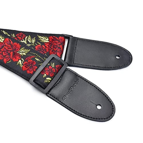 CloudMSUSIC Red Rose Jacquard Embroidered 2" Wide Guitar Strap for All Ages