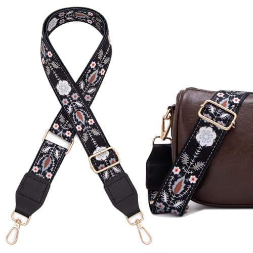 LSETUTIYY Jacquard Embroidery Wide Adjustable Cowhide Shoulder Strap — Black Flower