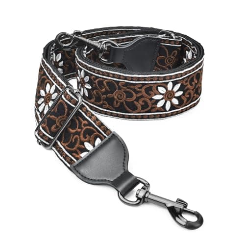 Banjo Strap Guitar Strap with Leather Ends and Metal Clips (Flowers) — White Flowers in Brown