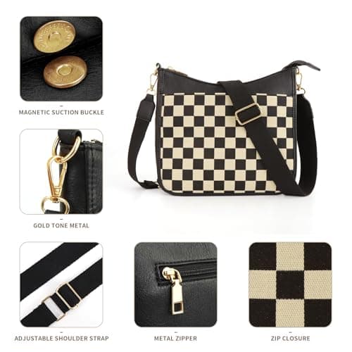 Sunbuti Women's Checkered Quilted Seam Vegan Leather Shoulder Bag with Embroilled Strap