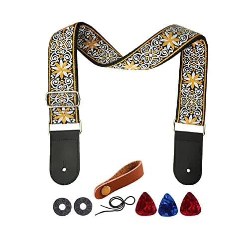 Yellow Flower Jacquard Weave Acoustic Bass Guitar Strap with 2 Locks + 3 Picks — White Yellow Flower