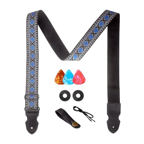 AZOR Vintage Woven Guitar Strap for Acoustic Electric Bass, Adjustable with Leather Ends & Strap Locks — Blue Square