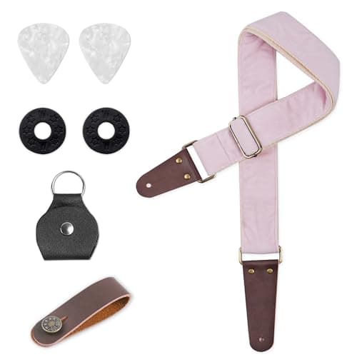 QIELIZI Adjustable Guitar Strap with 2 Locks, 2 Picks, Pick Holder & Leather Button — 1-velvet Light Pink
