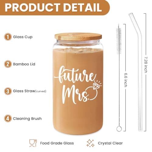 Future Mrs Glass Coffee Cup with Bamboo Lid and Straw - Bridal Shower Gift for Bride-to-be