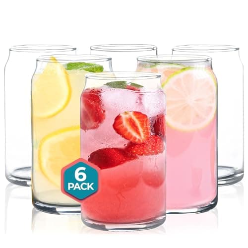 Can Shaped 16oz Glass Cups - 6 Pack Clear Beer Glasses, Stackable, Aesthetic Kitchen Drinkware