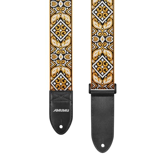 Amumu 2 Cotton Guitar Strap - Hootenanny Embroidered Style, Premium Leather Ends - for Acoustic, Electric, Bass Guitars — Orange