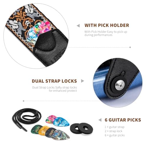 Floral Jacquard Embroidered Guitar Strap for Electric and Acoustic Guitars