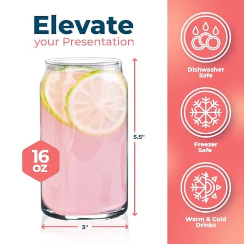 Can Shaped 16oz Glass Cups - 6 Pack Clear Beer Glasses, Stackable, Aesthetic Kitchen Drinkware