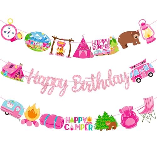 Happy Camper Girls Birthday Party Banners - 2PCS Camping Decorations
