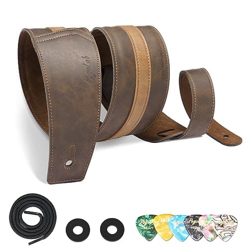 Brown Leather Guitar Strap, 3" Wide Comfortable Foam Padded, Adjustable 51-57", Strap Locks & Picks, for Bass/Electric/A