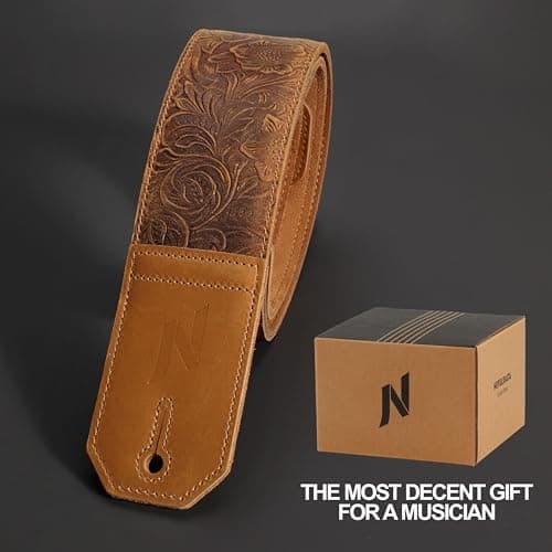 Nefelibata Full-Grain Leather Guitar Strap, 2.3" Wide, Soft Padded (Sahara Yellow Embossed)